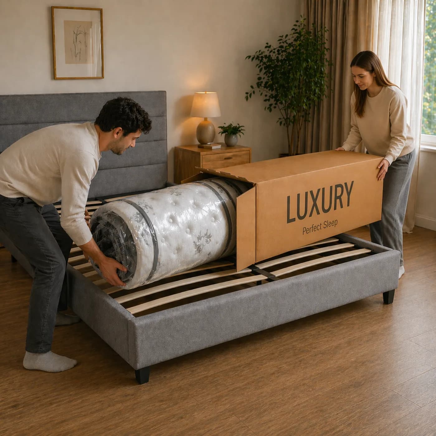 Casal a instalar o colchão Luxury no quarto